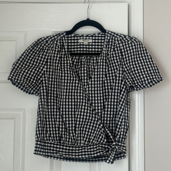 Madewell Short-Sleeve Wrap Top in Gingham Check Size S Small - Picture 1 of 8